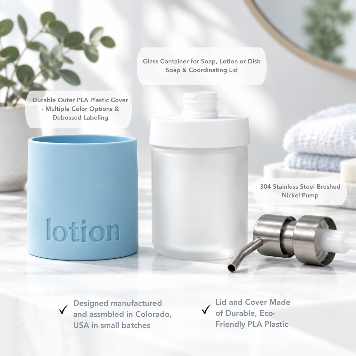 Soap Dispenser –  Pastel Covers Debossed Labeling  | 8 oz Glass Insert | Stainless Steel Pump