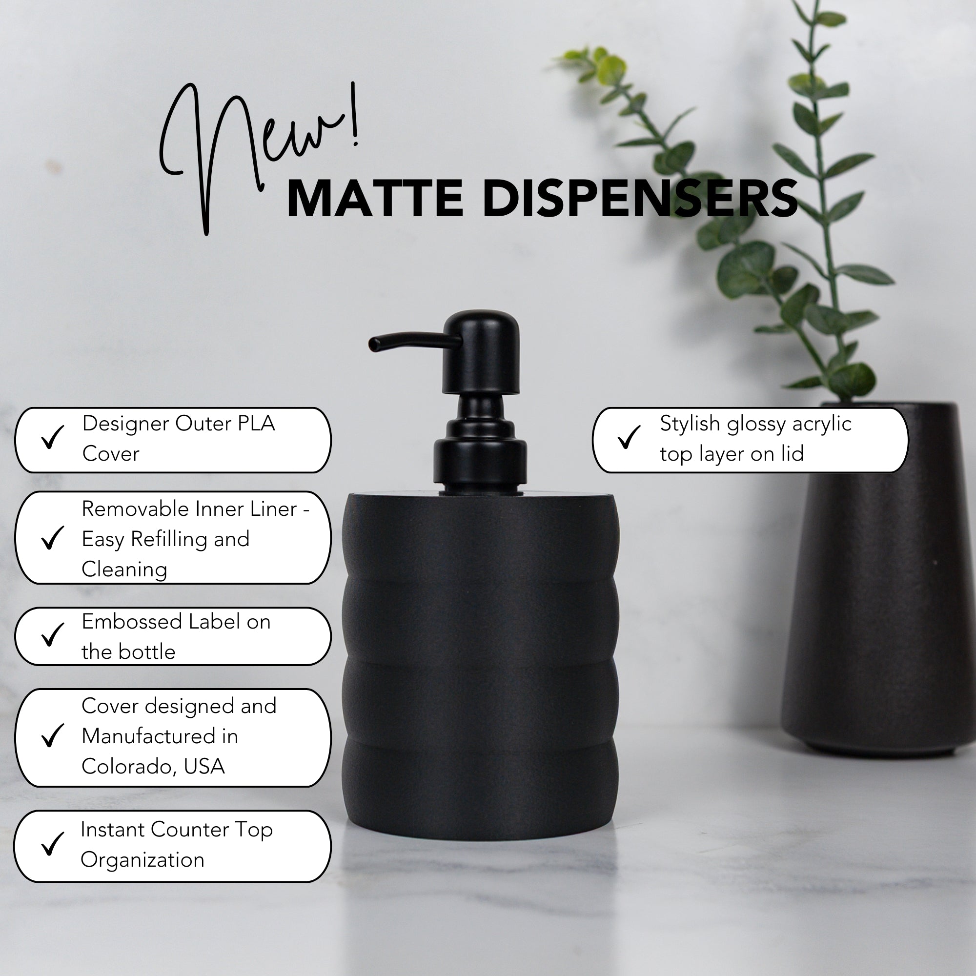 Hand Soap Dispenser Modern Bubble Design – Black or Linen White With Steel Pumps