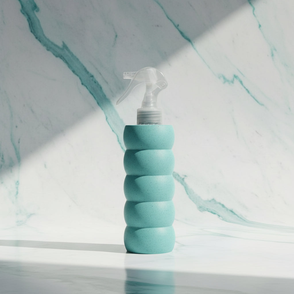 Teal spray bottle with ribbed design on a white background