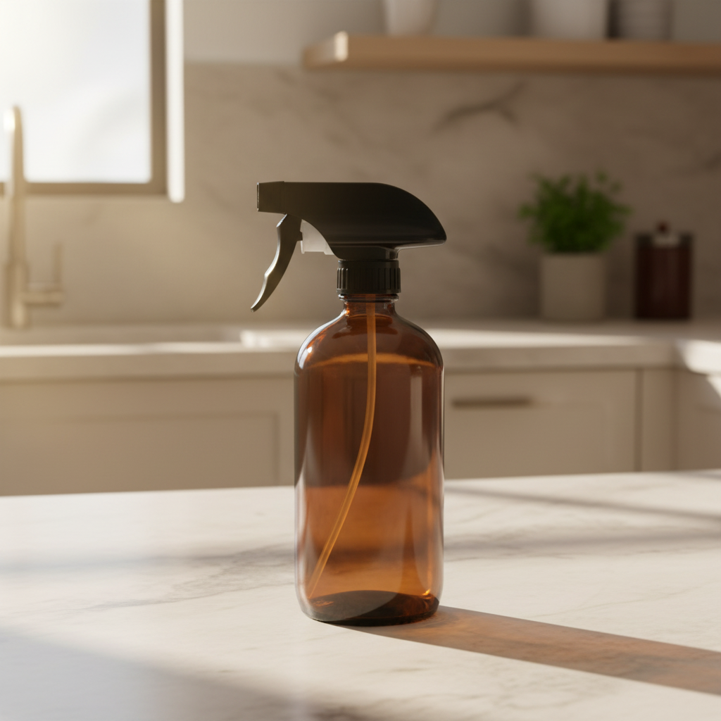 Brown spray bottle on a kitchen counter with a blurred background