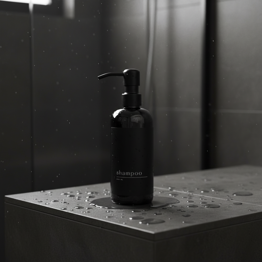 A matte black pump bottle of shampoo with a black label and black pump dispenser, shown in a modern shower