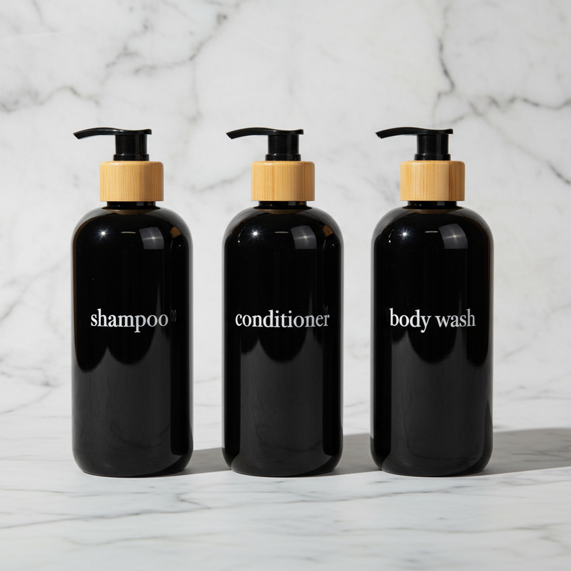 Three black bottles labeled 'shampoo', 'conditioner', and 'body wash' on a marble surface.