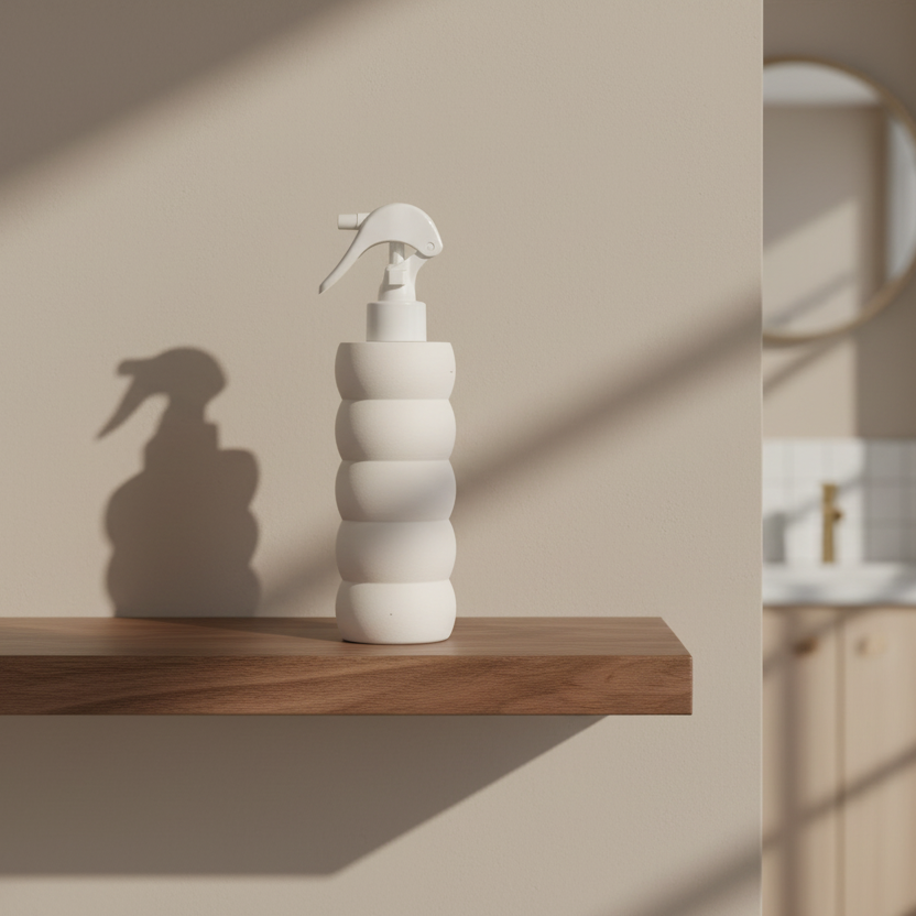 White modern designed spray bottle on a wooden shelf in a bathroom setting