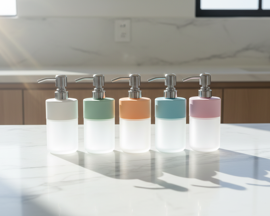 Five colorful soap dispensers on a marble countertop