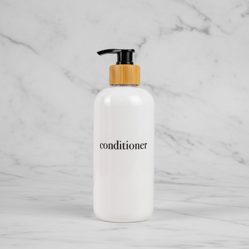 White conditioner bottle with black text on a marble background