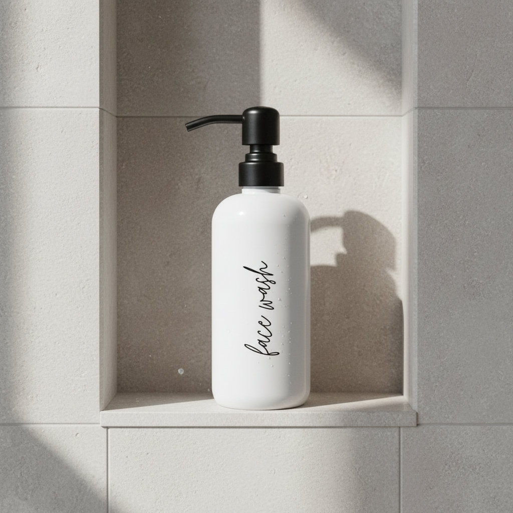 White bottle labeled 'face wash' with a black pump in a concrete shelf.