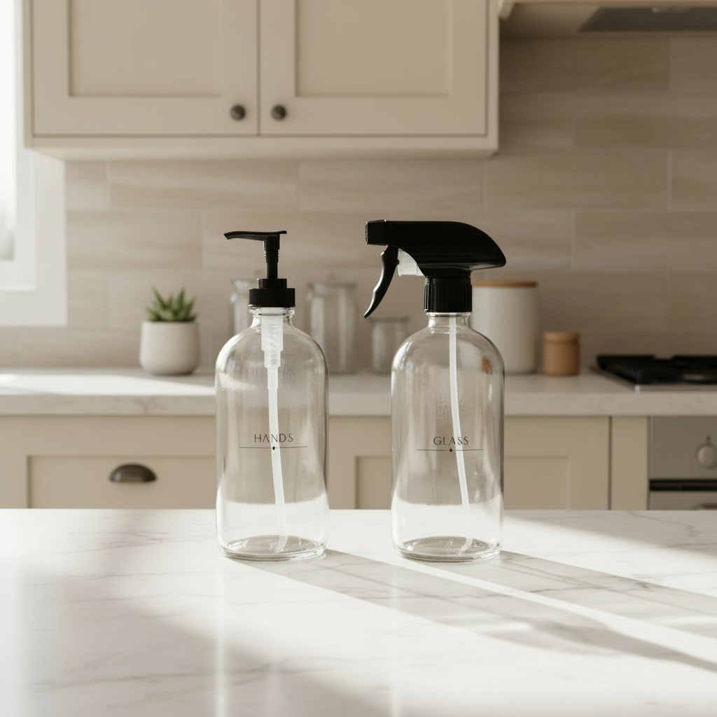 Two clear bottles with black nozzles on a kitchen counter.