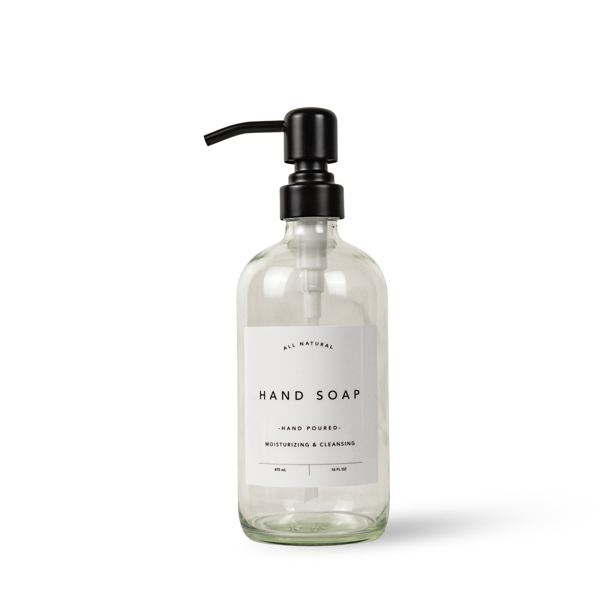 Hand soap bottle with steel black pump on a white background