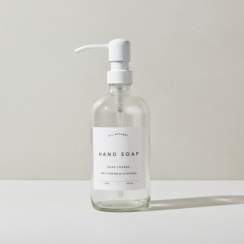 Clear hand soap bottle with pump on a light gray background