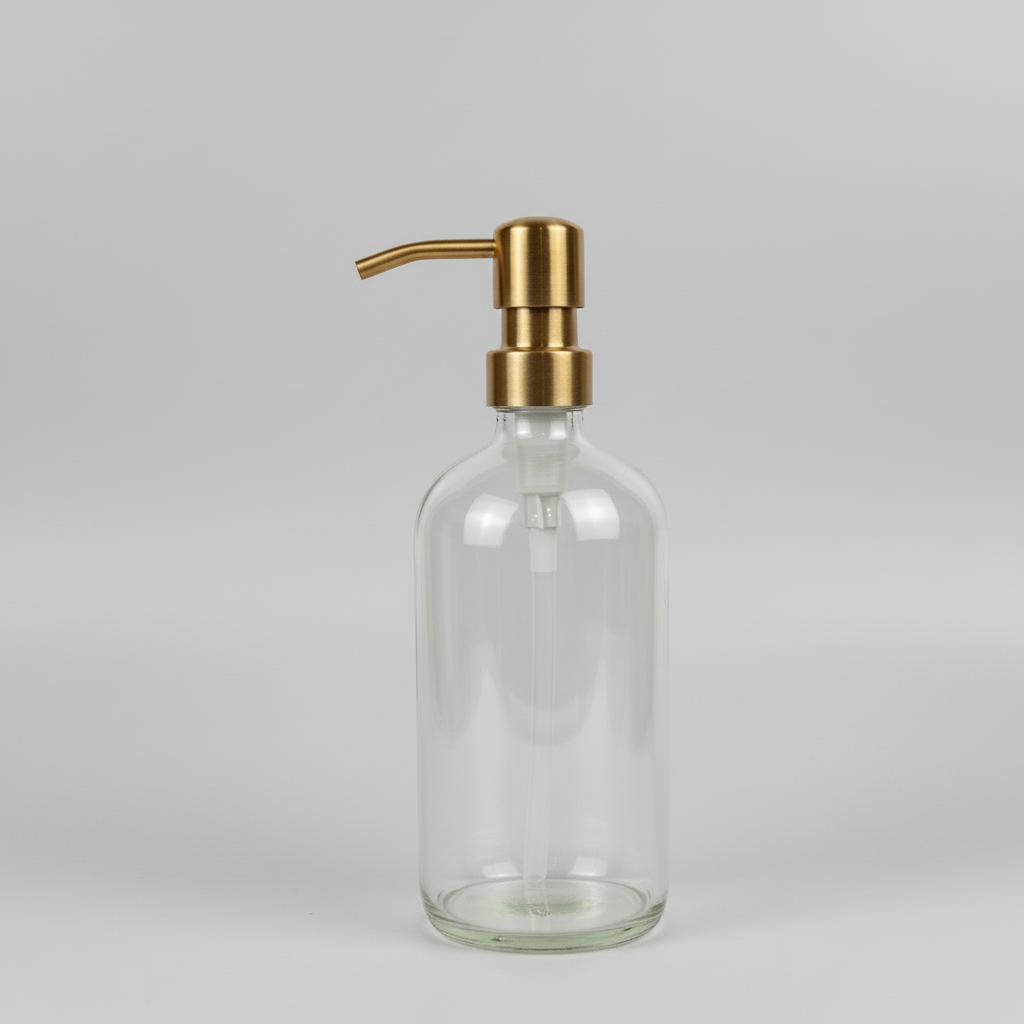 Clear glass bottle with gold pump on a gray background