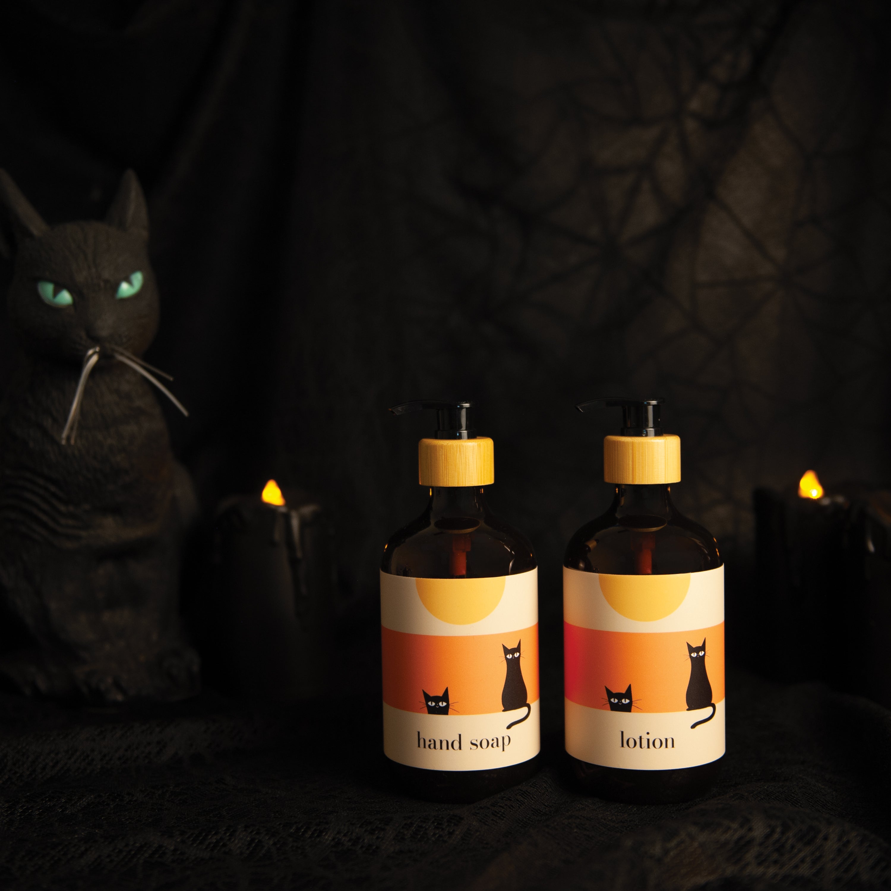 Halloween Amber Hands Set - Scaredy Cats Hand Soap, Lotion - Glass or Thick Plastic