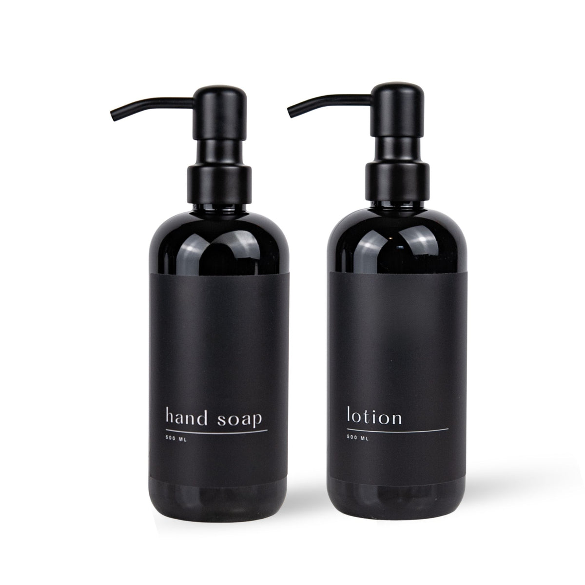 Two matte black pump bottles on a white background, labeled 'hand soap' and 'lotion'.