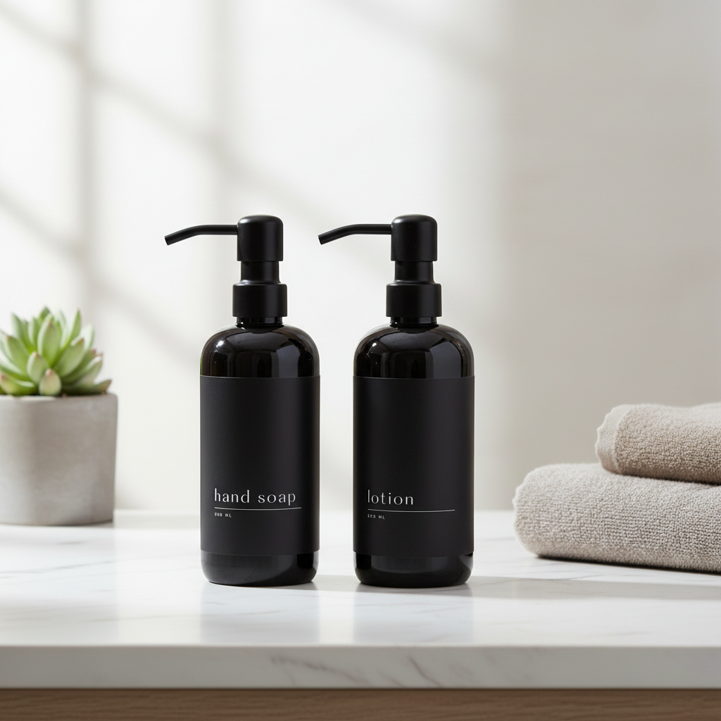 Manhattan Collection Black Minimalist Shower and Soap Dispenser Bottles
