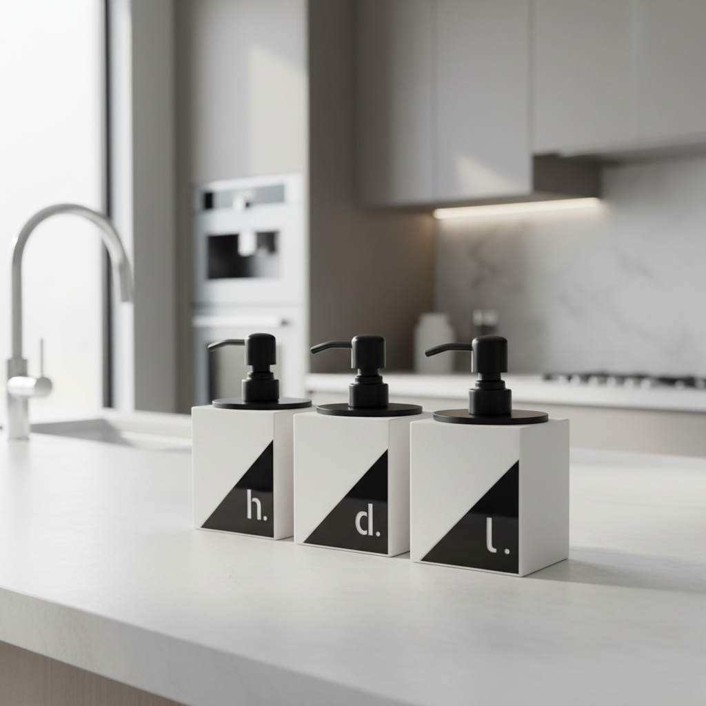 Three black and white soap dispensers on a kitchen counter