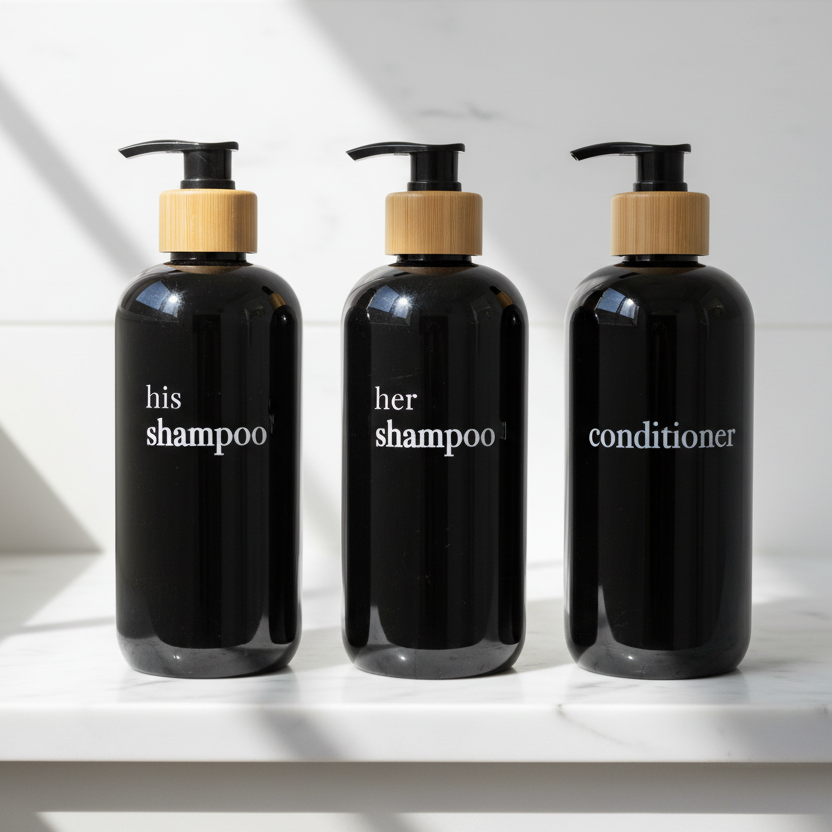 Three black shampoo bottles with wooden pumps labeled 'his shampoo', 'her shampoo', and 'conditioner' on a white surface.
