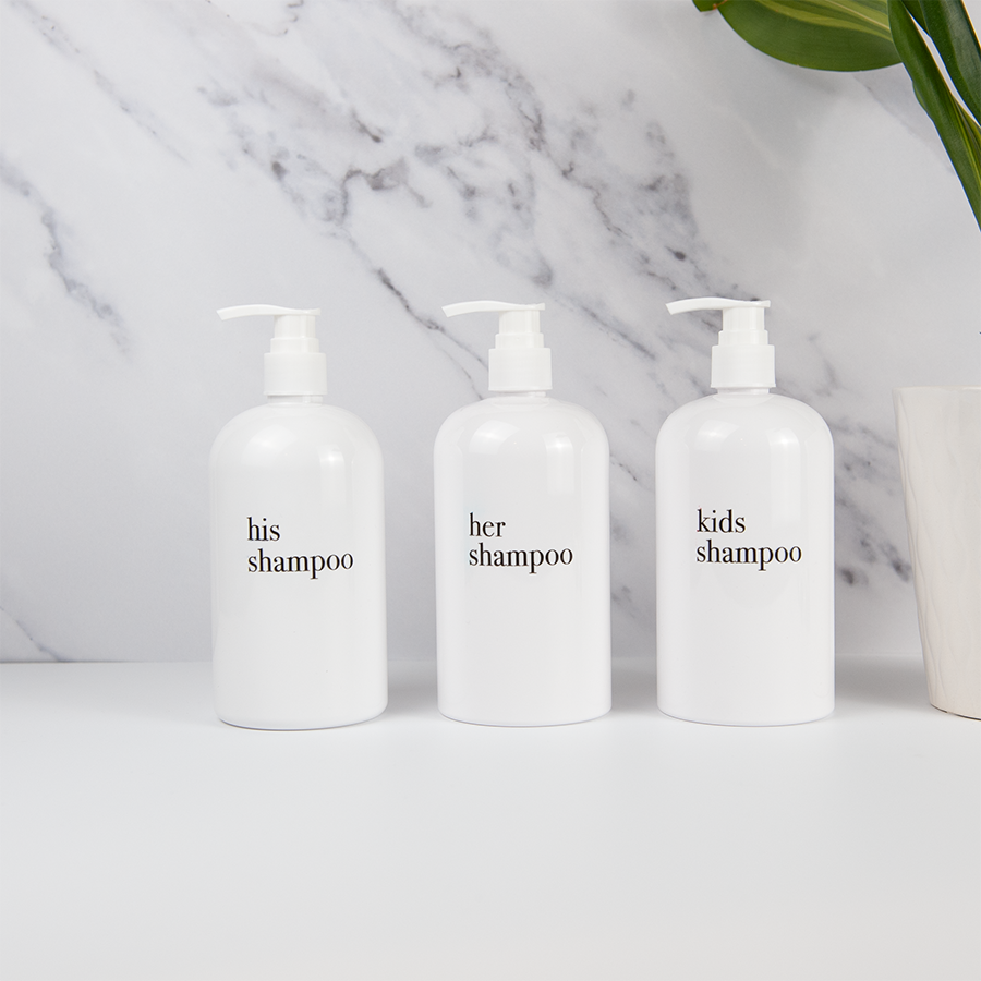 minimalist white shower and soap dispenser sets with bamboo or plastic pumps