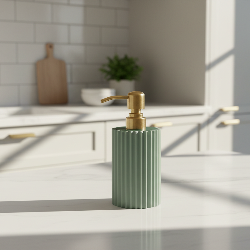 sage green 3d printed ribbed soap dispenser on a kitchen counter with a blurred background