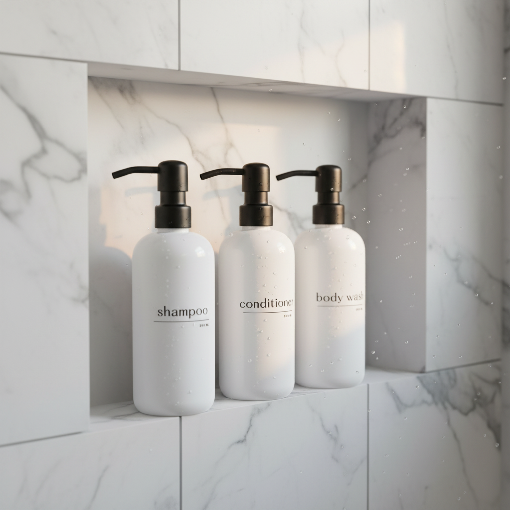 Shampoo & Conditioner Bottle Sets - Refillable | White Dispensers | Bamboo or Plastic Tops