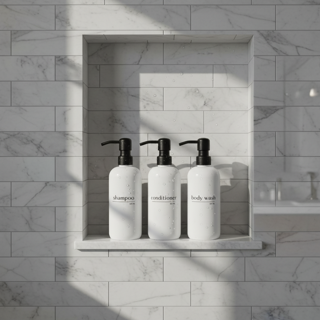 Shampoo & Conditioner Bottle Sets - Refillable | White Dispensers | Bamboo or Plastic Tops