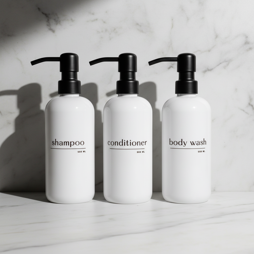 Shampoo & Conditioner Bottle Sets - Refillable | White Dispensers | Bamboo or Plastic Tops