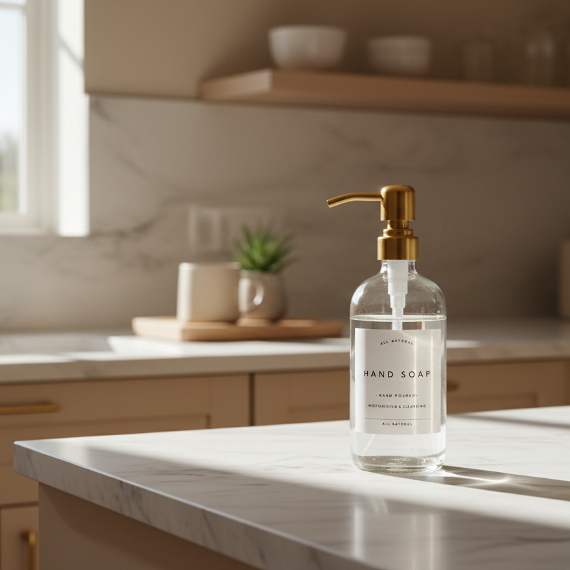 Hand soap bottle on a kitchen counter with a blurred background