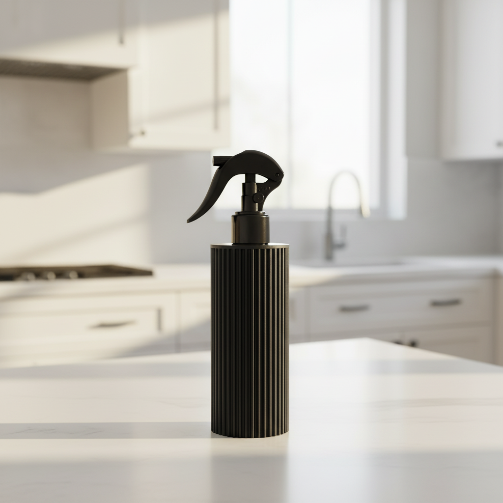 Black spray bottle on a kitchen counter with a blurred background