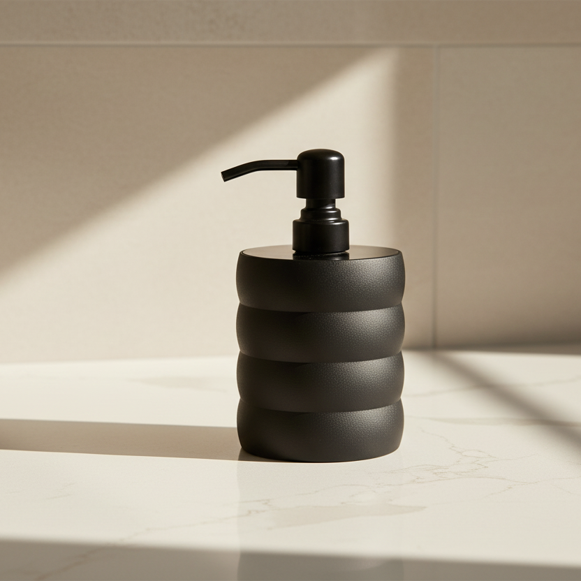 Black soap dispenser on a tiled bathroom counter with sunlight casting shadows.