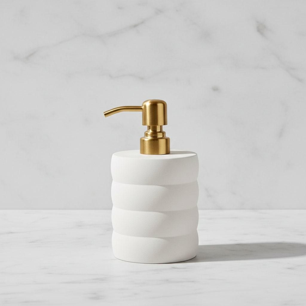 modern white soap dispenser on a marble background 