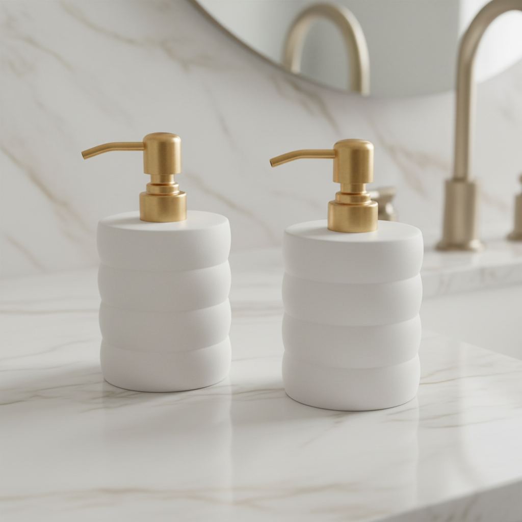 Two white soap dispensers with gold pumps on a marble countertop.