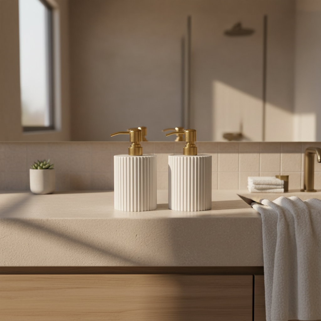 Two white and gold soap dispensers on a bathroom counter with a blurred background.