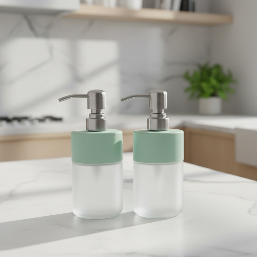 Two mint green soap dispensers with silver pumps on a white background