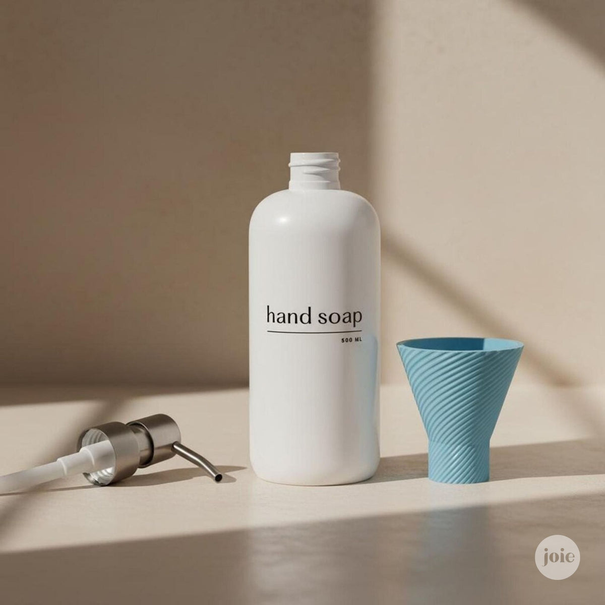 Video of a 3D printed plastic funnel for soap, shampoo, and conditioner details product features, including screw-on attachment, sturdy design, and reusability.