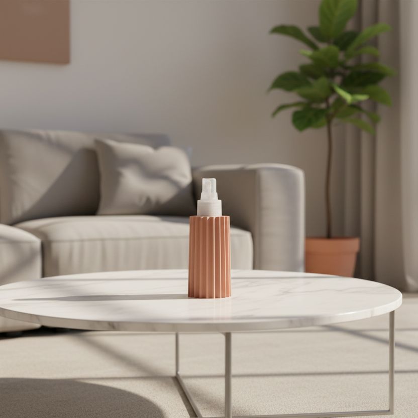 Modern living room with a coffee table and decorative bottle rose spray bottle.