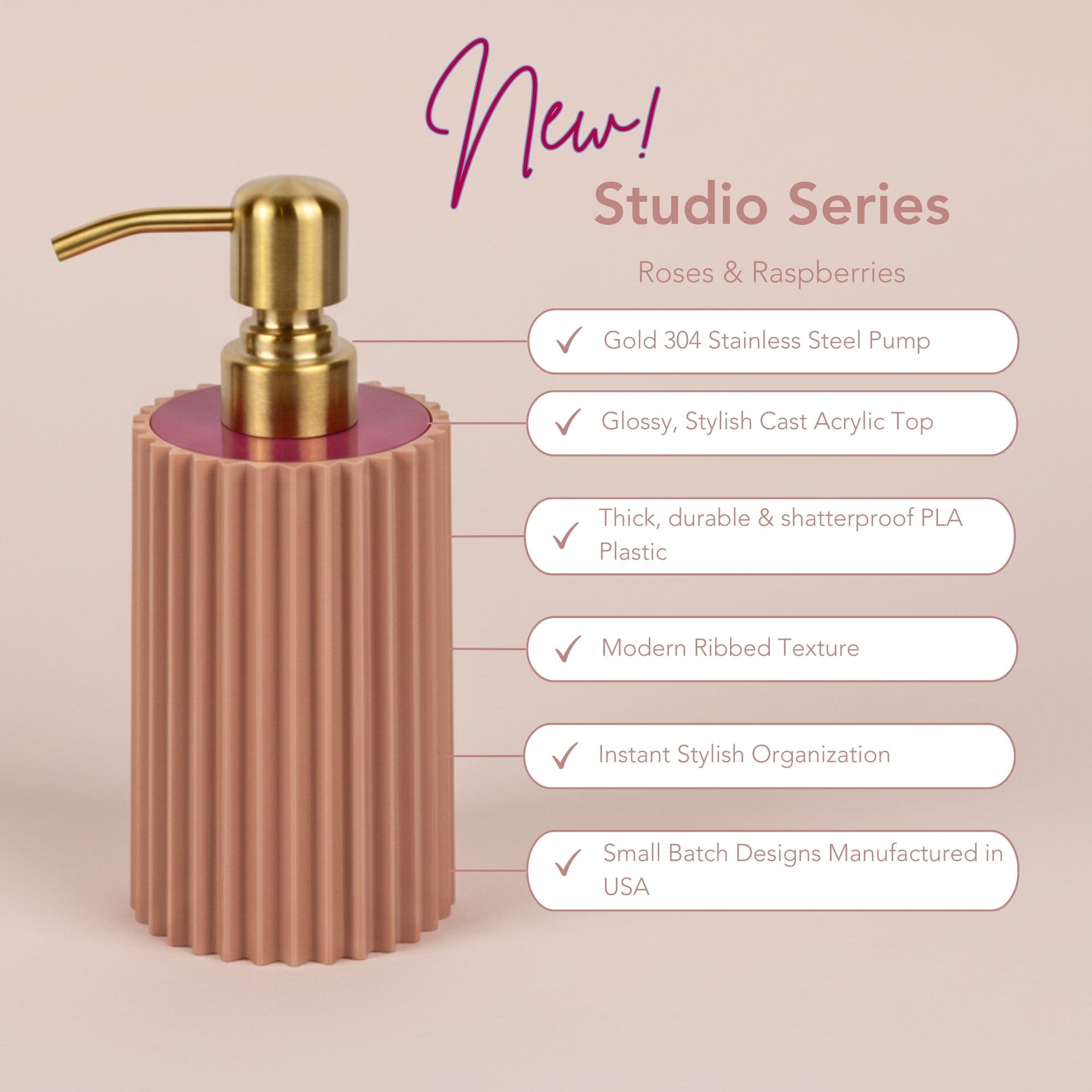 Decorative rose gold bottle with gold pump on a beige background, featuring product details.