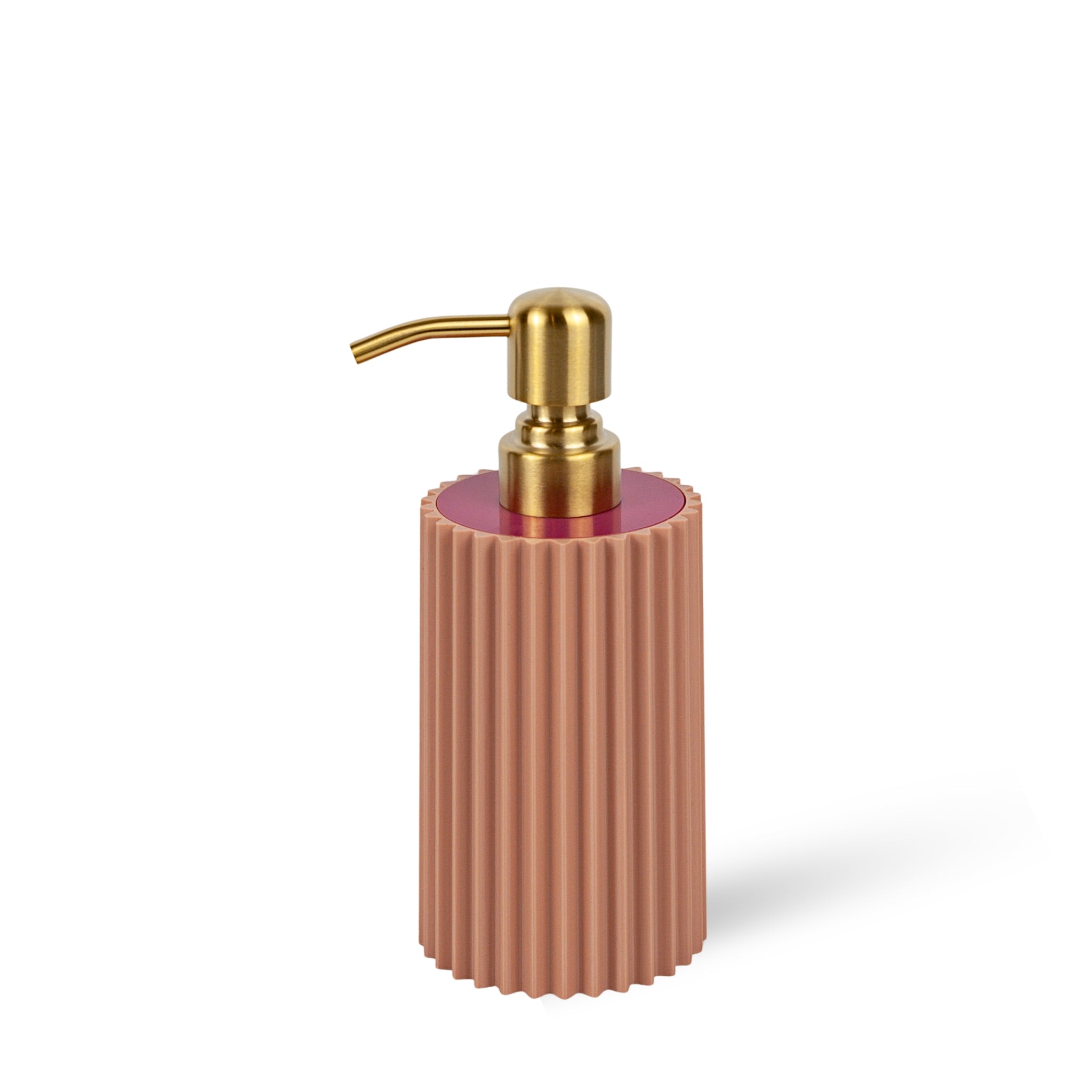 Cylindrical soap dispenser with ribbed design and gold pump on a white background