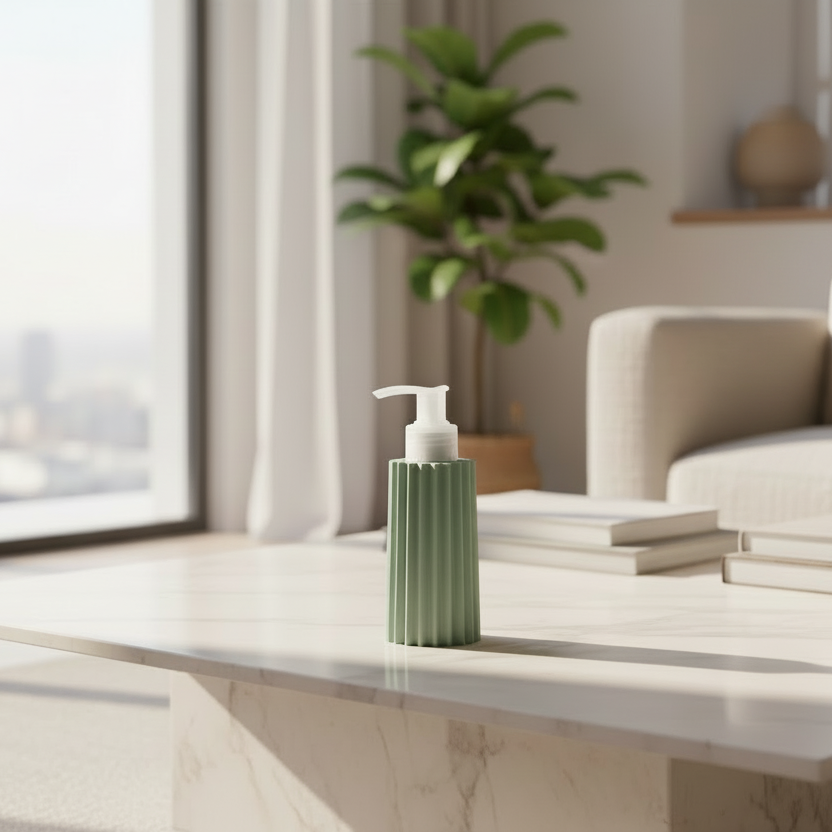 Modern living room with a coffee table, books, and a plant