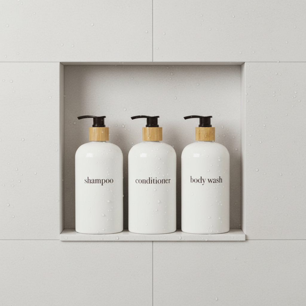shampoo bottle set in shower niche 