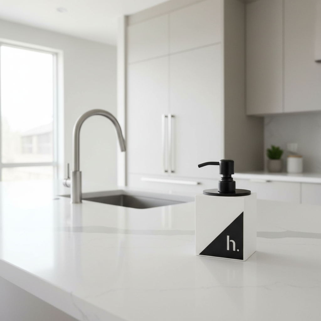 Modern kitchen with a sink and soap dispenser on a white countertop.