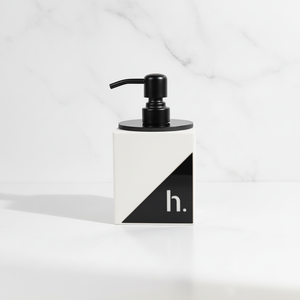 White soap dispenser with black pump and h. logo on a white background