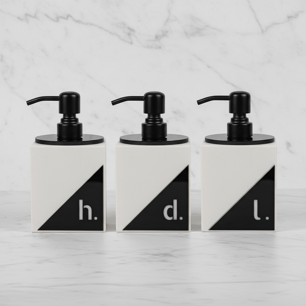 Three white containers with black pump tops on a marble background