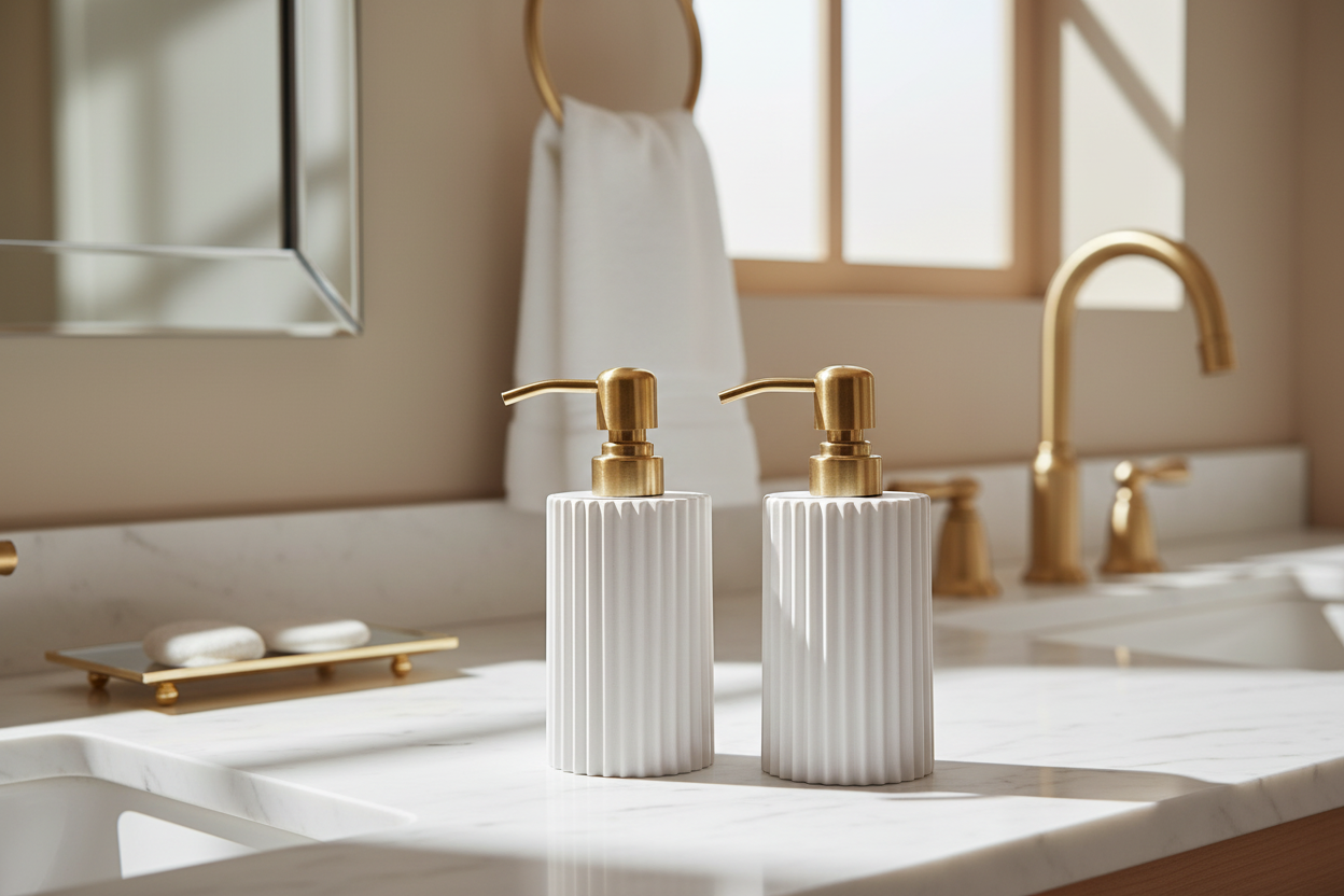Two white soap dispensers with gold pumps on a bathroom counter.