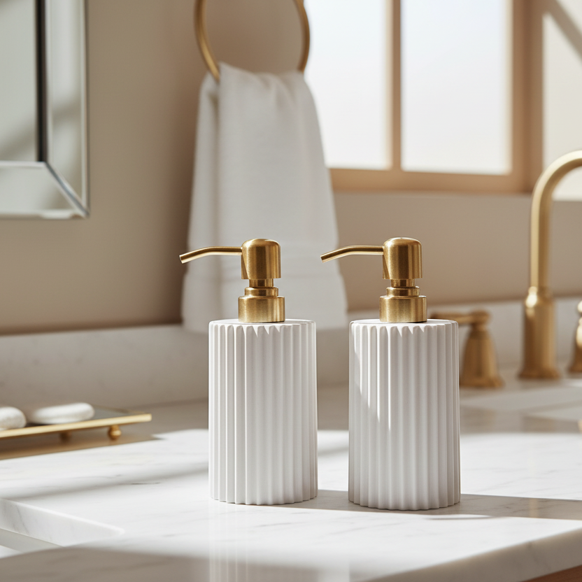 Two white soap dispensers with gold pumps on a bathroom counter.