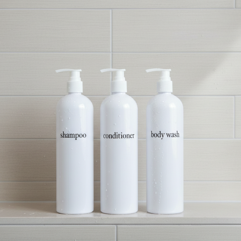 Three white bottles labeled 'shampoo', 'conditioner', and 'body wash' on a bathroom shelf.