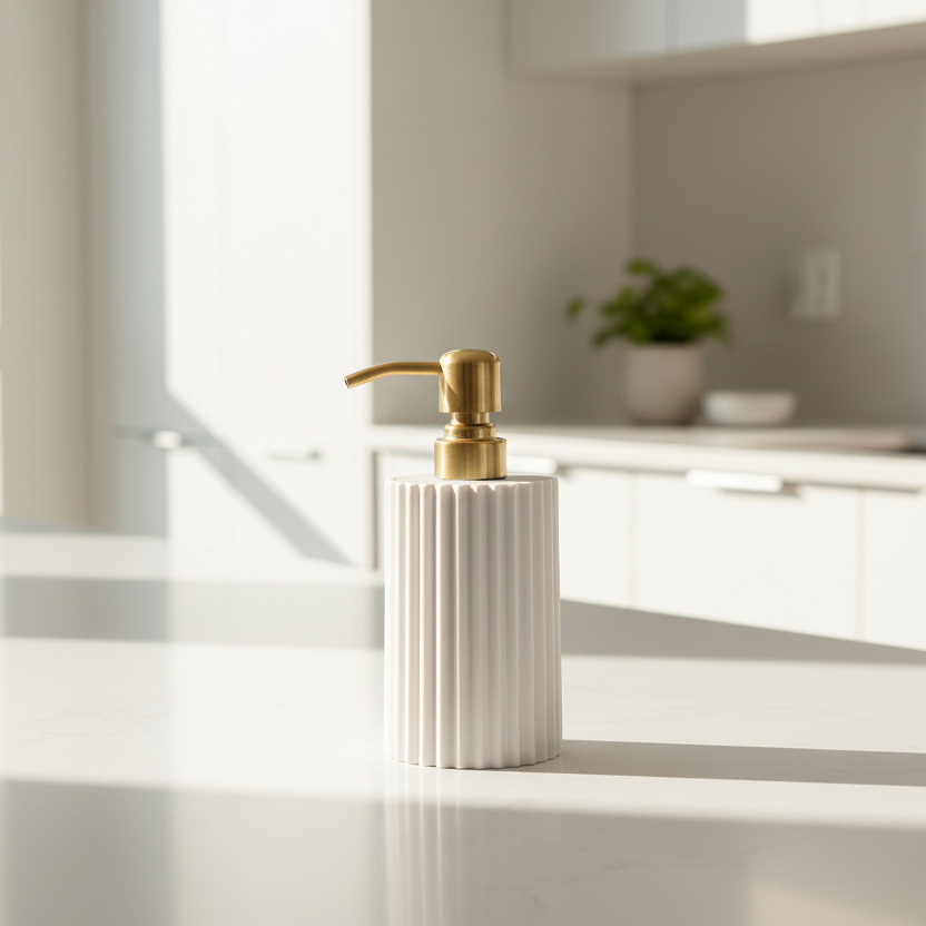 White soap dispenser with gold pump on a kitchen counter
