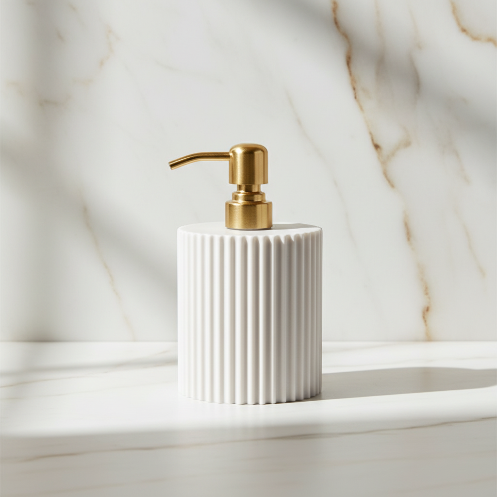 White soap dispenser with gold pump on a marble surface