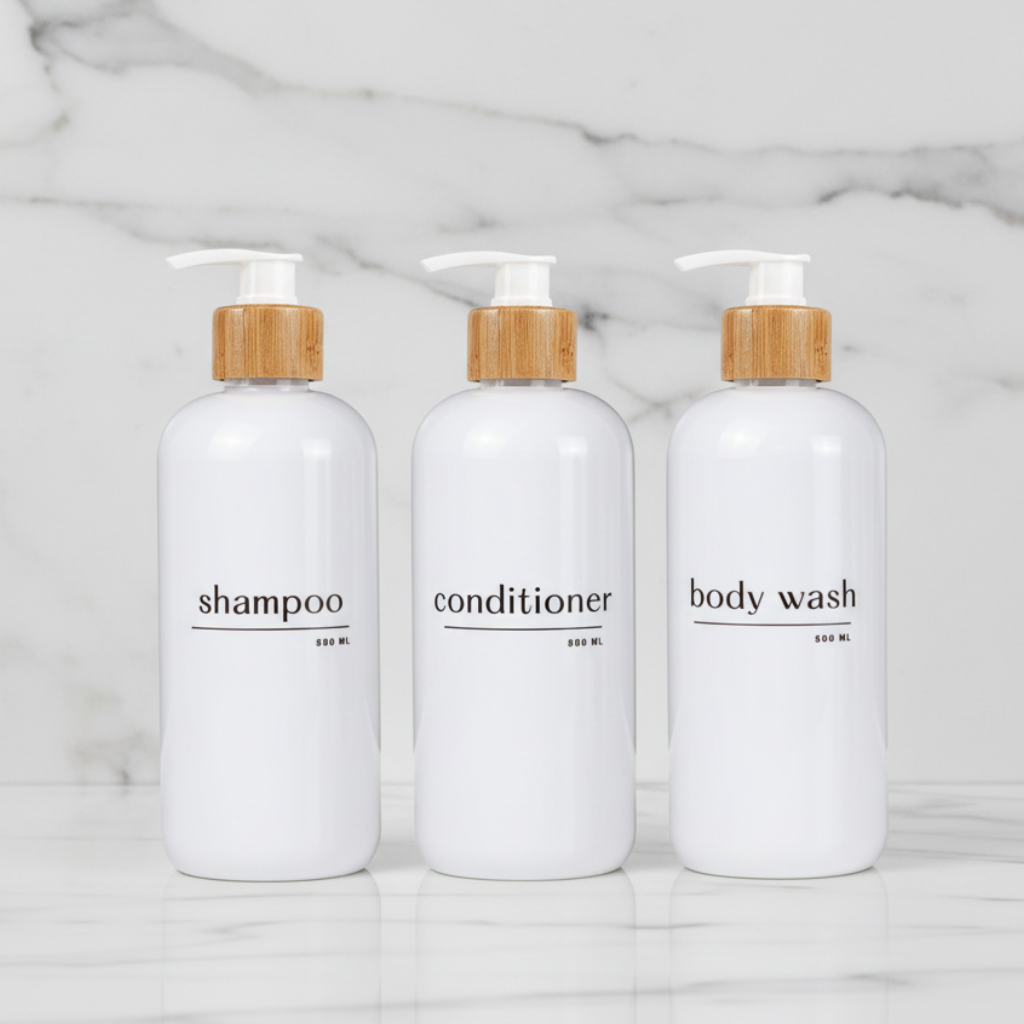 Three white bottles labeled 'shampoo', 'conditioner', and 'body wash' with wooden caps on a marble background.