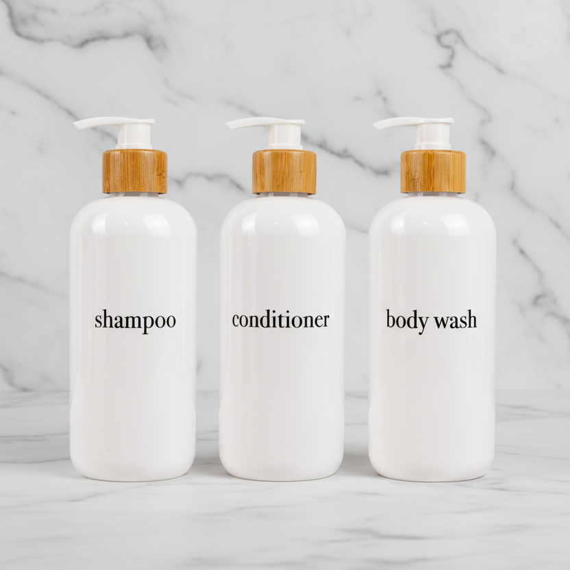 Three white bottles labeled 'shampoo', 'conditioner', and 'body wash' with wooden caps on a marble background.