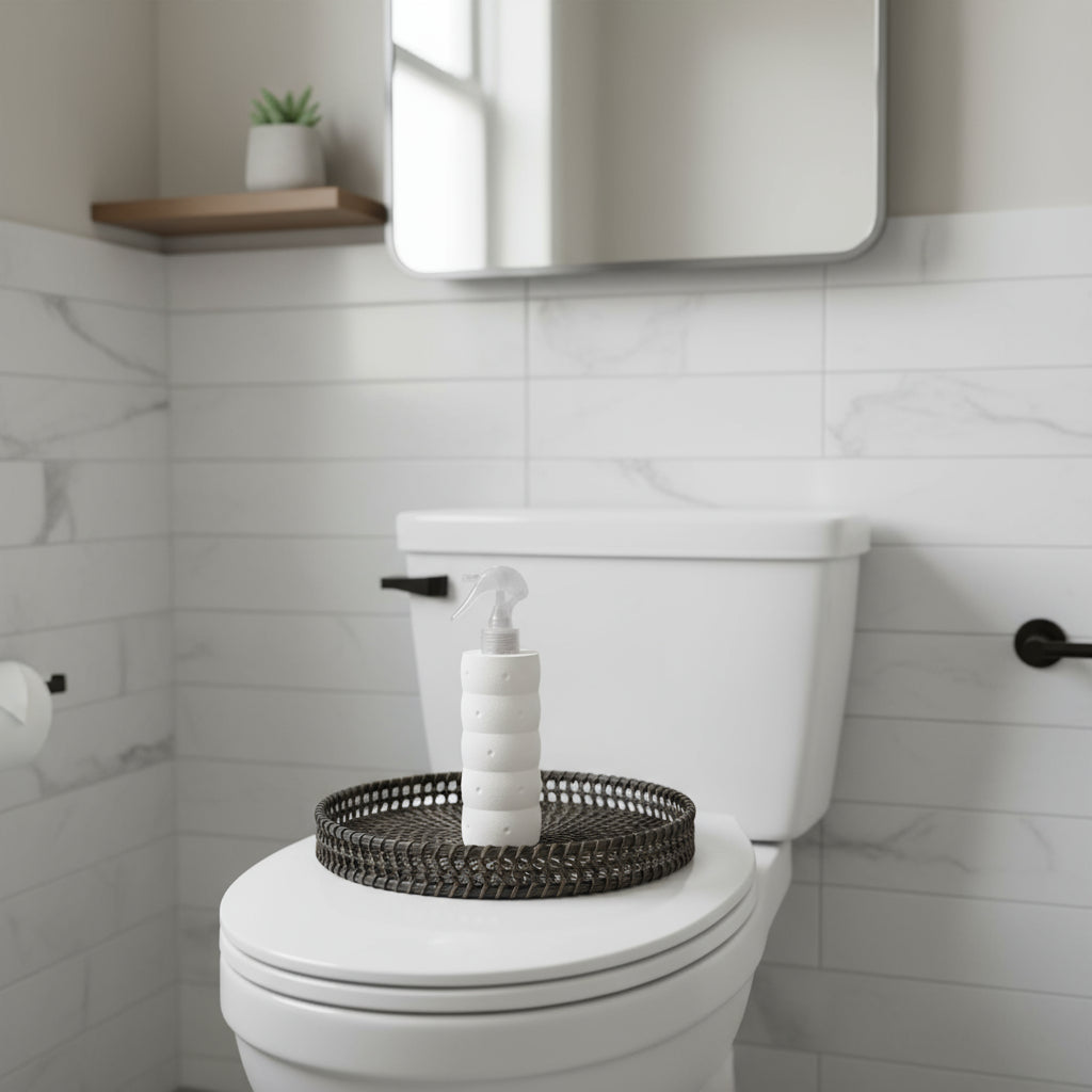 White textured spray bottle on a white background