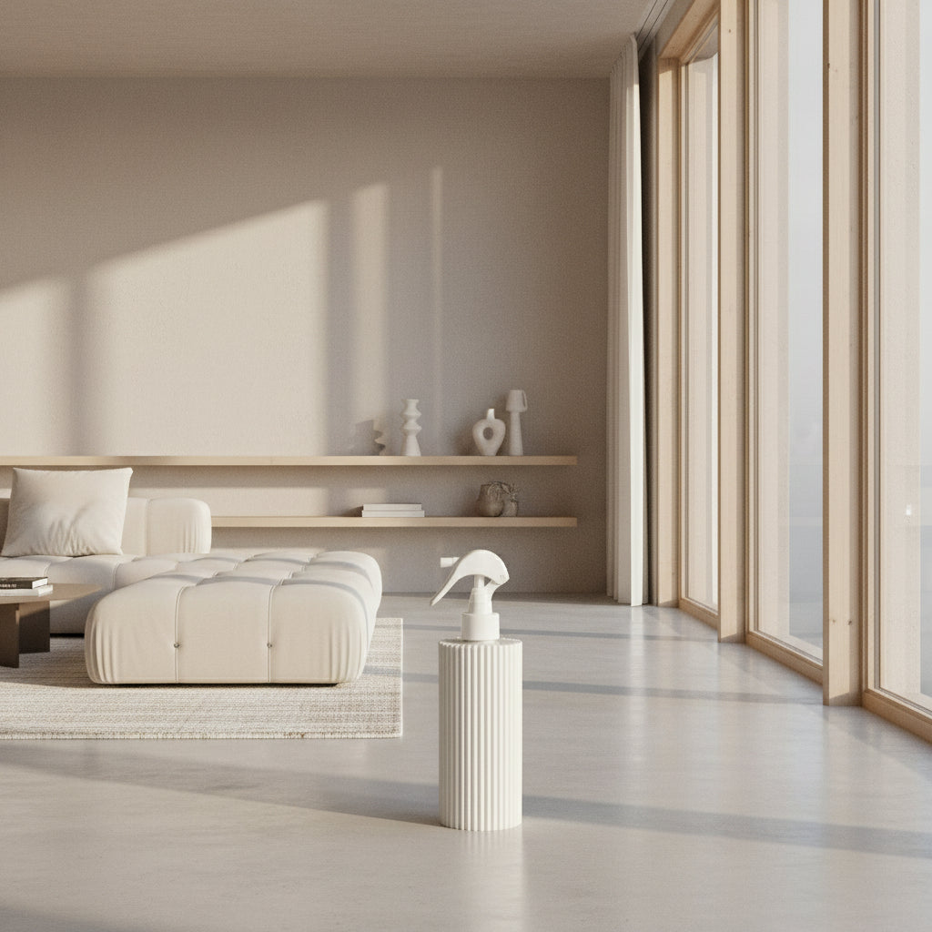 White textured soap dispenser with pump on a marble background